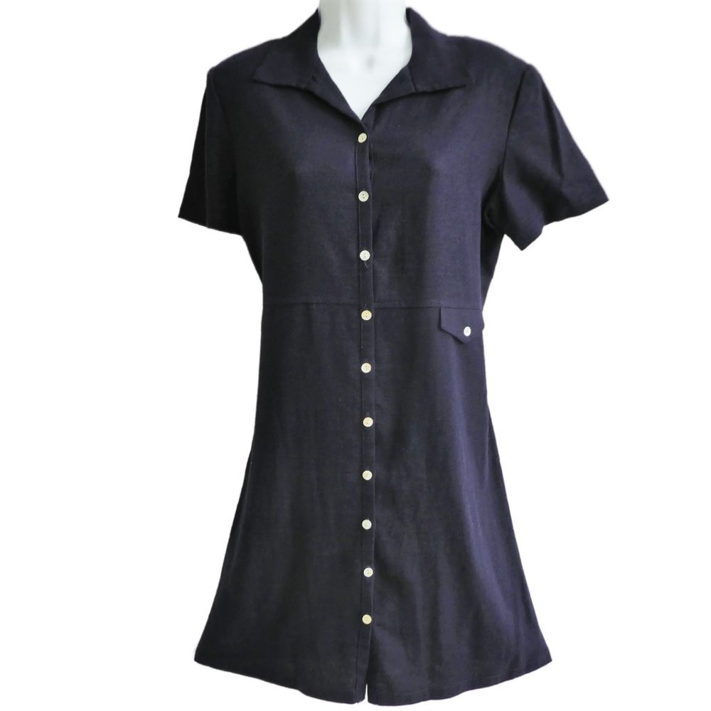 Vintage USA Talbots Petites Midi Dress LiNeN Midnight Blue Shell Button Front 10